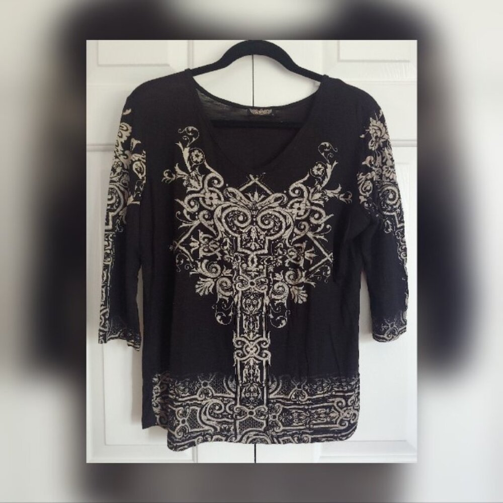 Vanilla Sugar Vintage Black with Cream Graphics Shirt Top Rhinestones Size L - Picture 2 of 5